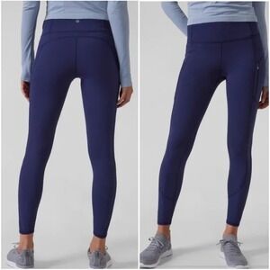 Athleta Rainier Leggings Navy Blue High Rise Zip Pockets Size S Warm Gym Workout